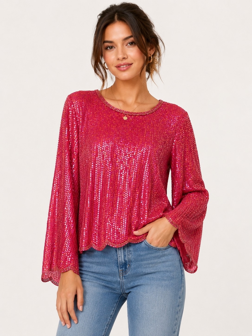 Valerie Stevens Vintage Silk Sequin Bell-Sleeve Top - Fuchsia Pink Sz 6